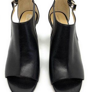 Adrienne Vittadini Black Leather Peep Toe Buckle Strap Heels Size 8